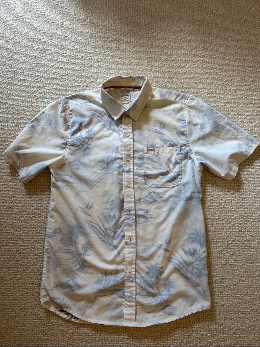 Men's Short-Sleeve Button-Down Shirt in Light Beige with Blue Botanical Print